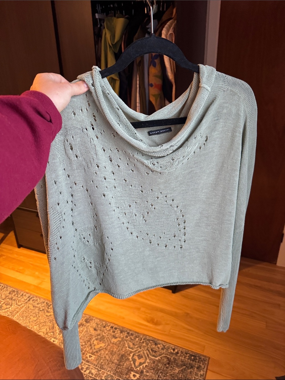 Sarah Pacini Sage Green Open-Knit Cowl Neck Sweater